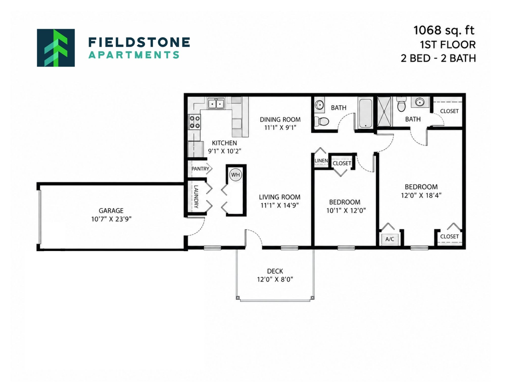 Floor plan for 2 beds, 2 baths, 1068 sqft